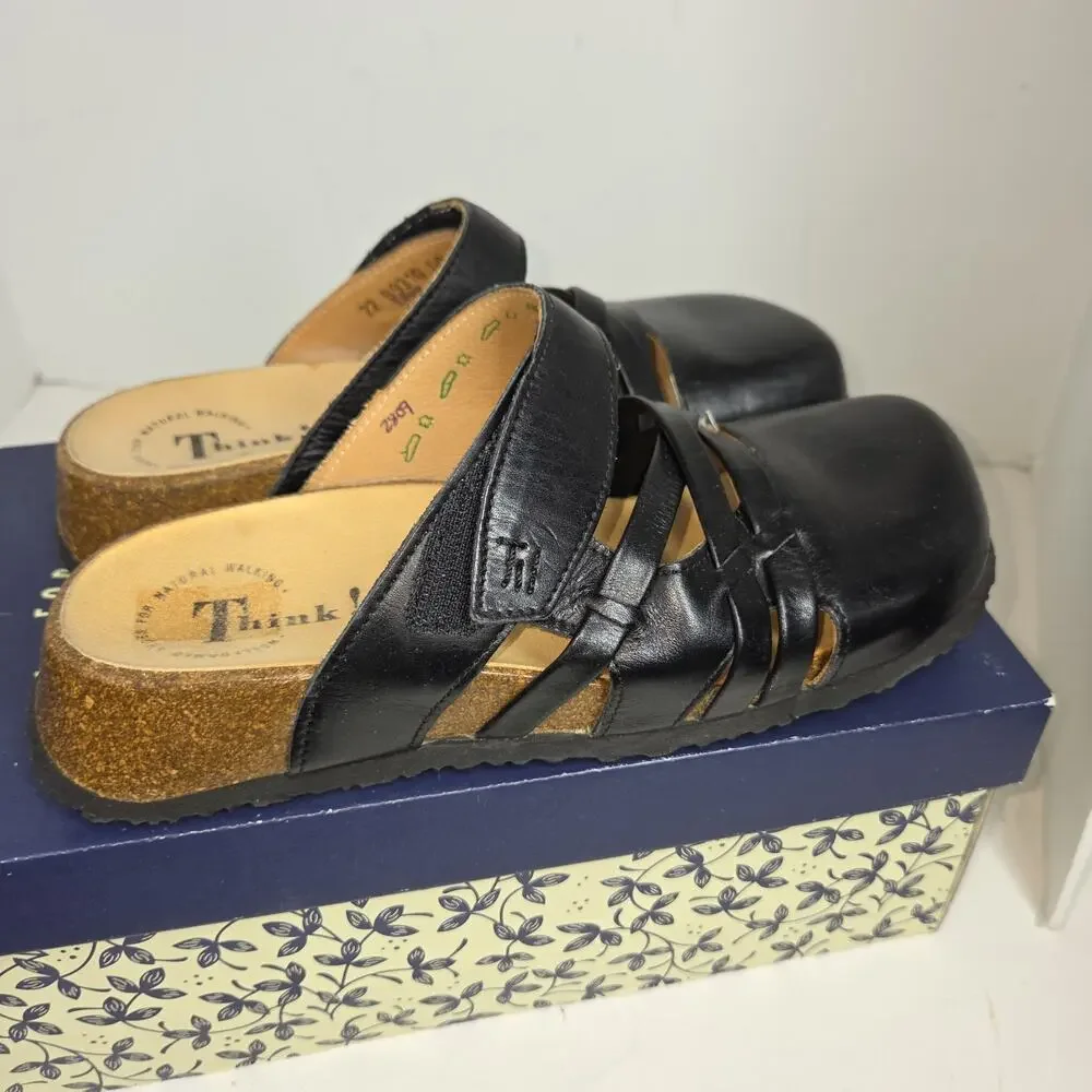 Think! Nappa Slide Sandals Black Leather Cutout Cork Comfort Sz 7 Womens Shoes - Picture 7 of 11